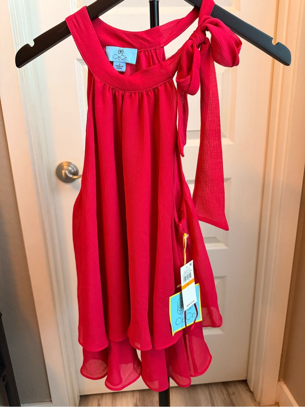 CeCe Red Sleeveless Halter Tie-Shoulder Top